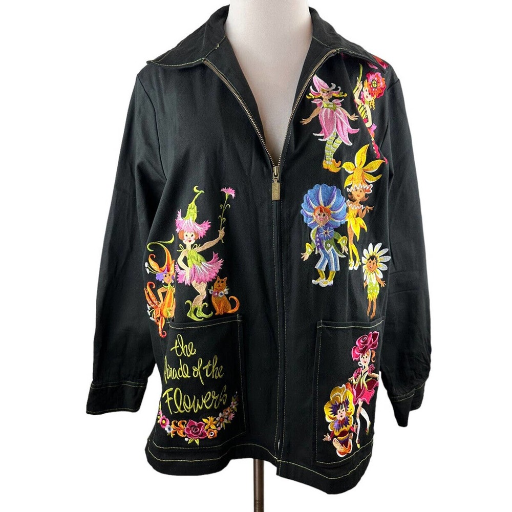 Bob Mackie Wearable Art Embroidered Fairy Parade of Flowers Zip Jacket Size 1X - Picture 4 of 6